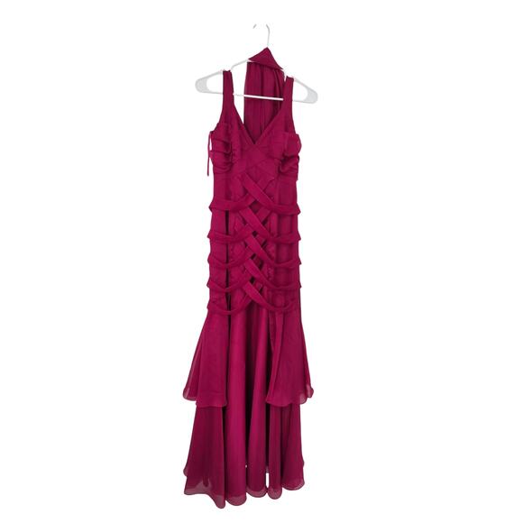 VINTAGE ALYCE DESIGNS SZ 6 FUSCHIA Y2K CHIFFON TIERED MAXI DRESS MATCHING SCARF - Picture 1 of 6